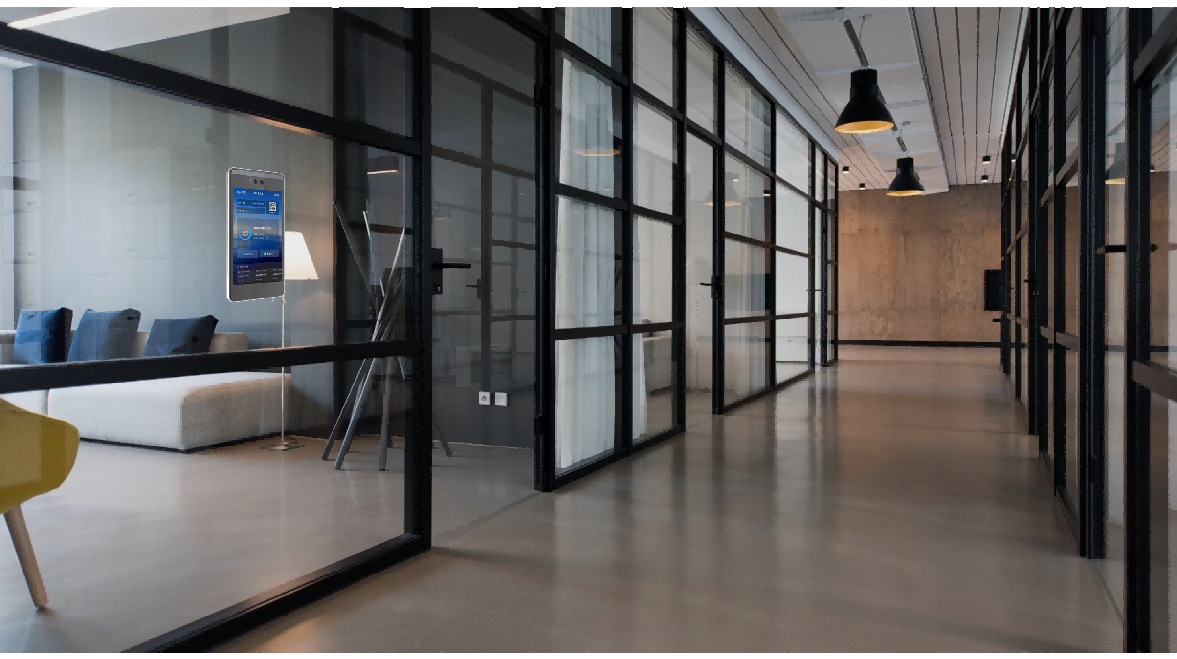 智慧会议室 办公走廊场景 新雳科技 智能门禁终端 智慧办公空间;描述：新雳科技智慧会议室所在的办公走廊，，，，配备智能门禁终端，，构建连贯的智慧办公空间。。。